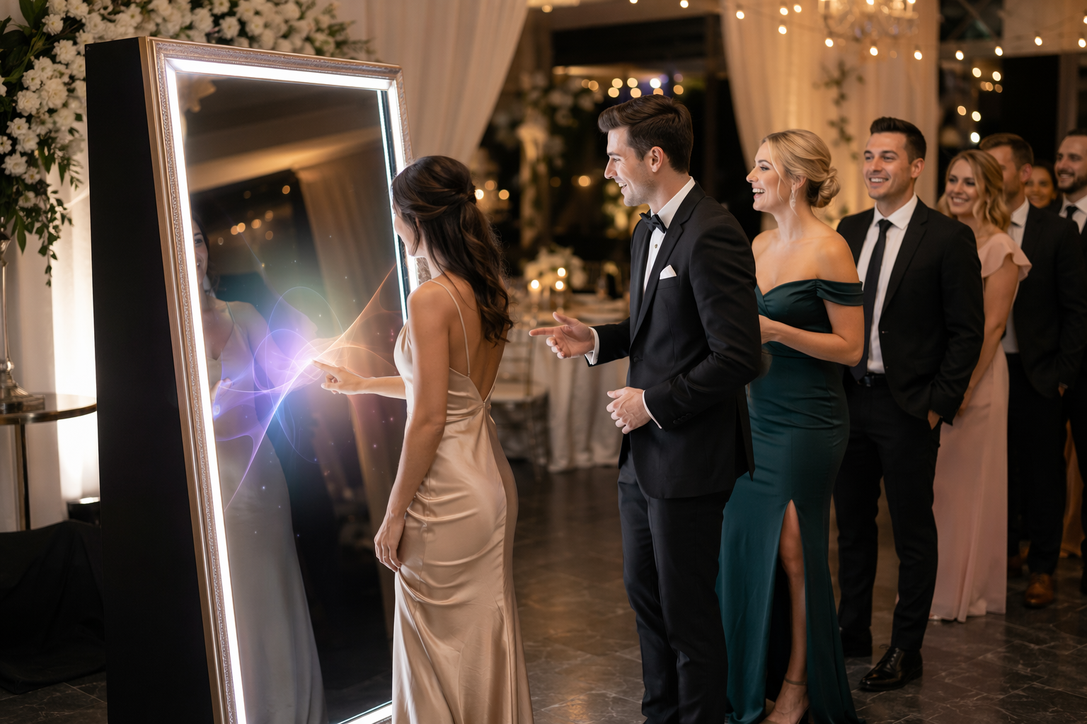 Guests interacting with a mirror photo booth at an elegant wedding reception