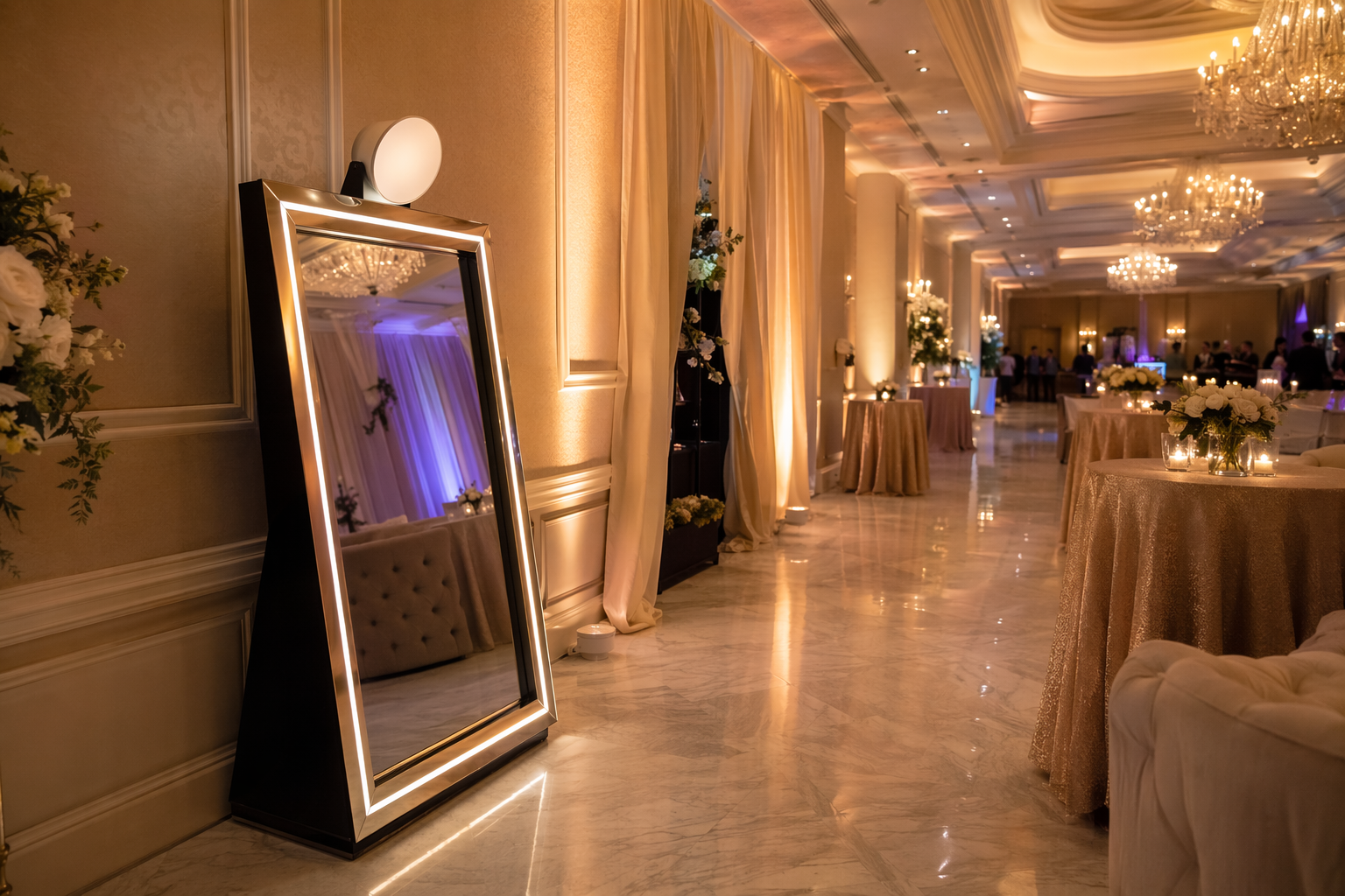Mirror photo booth beside ballroom wall with open guest lane