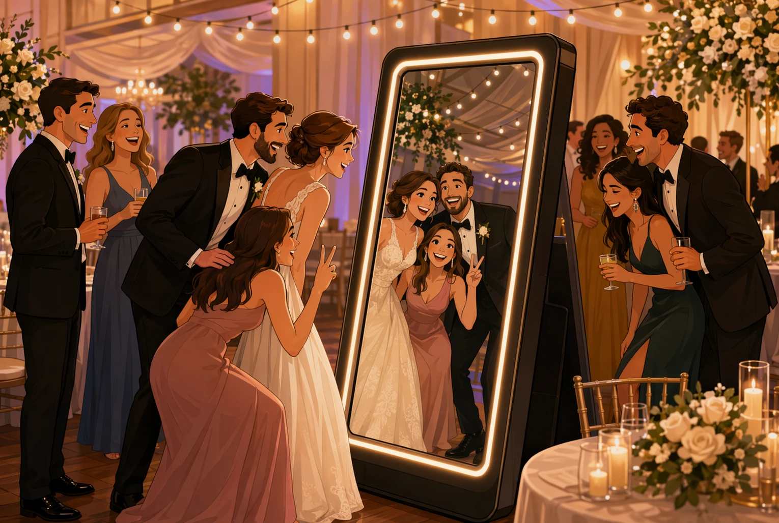 Guests in formalwear enjoying mirror photo booth at wedding reception