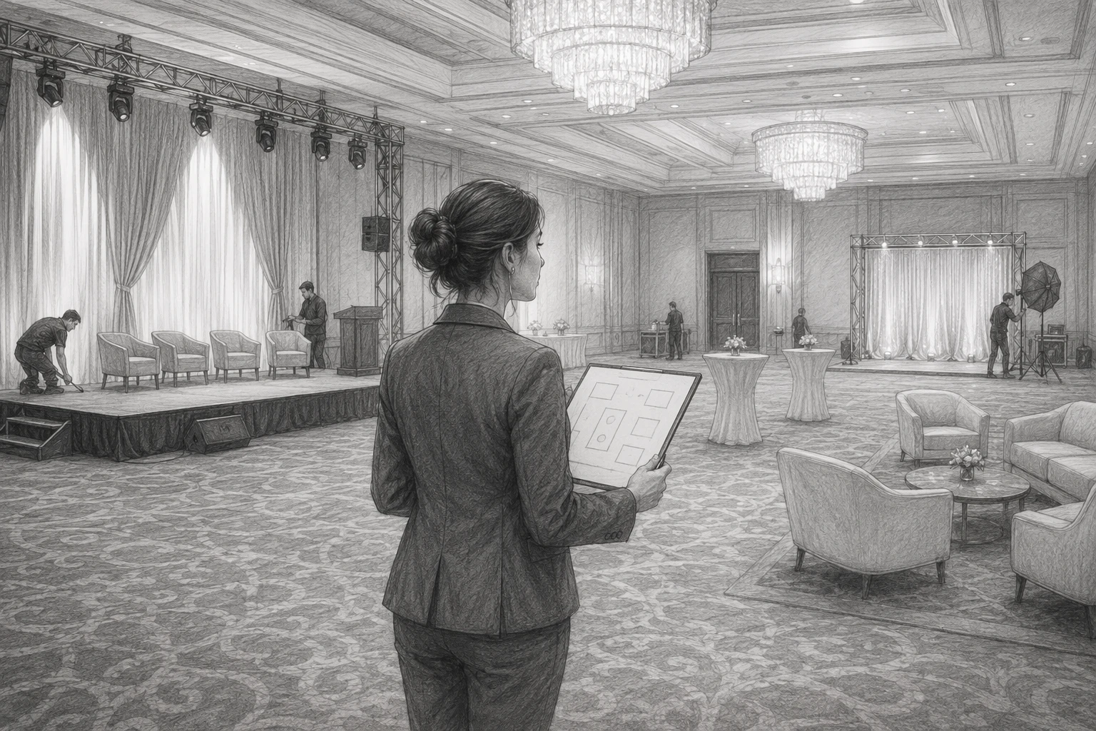 Conference planner reviewing stage and lounge zones in ballroom