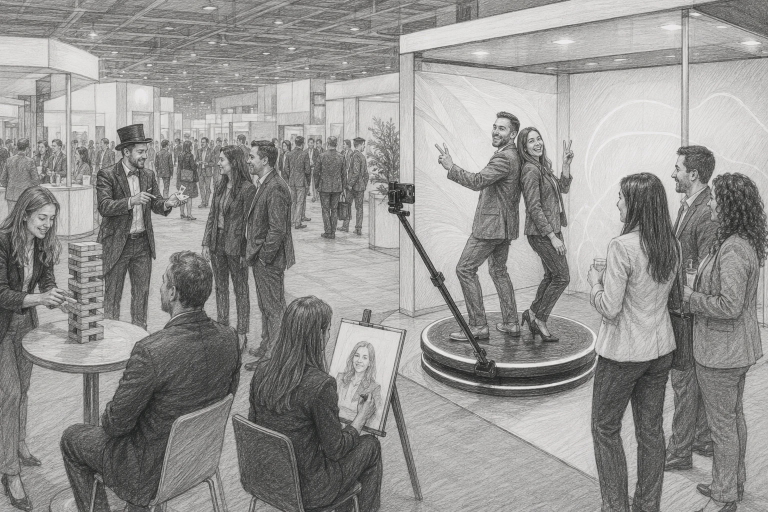 Attendees around branded 360 photo booth at trade show
