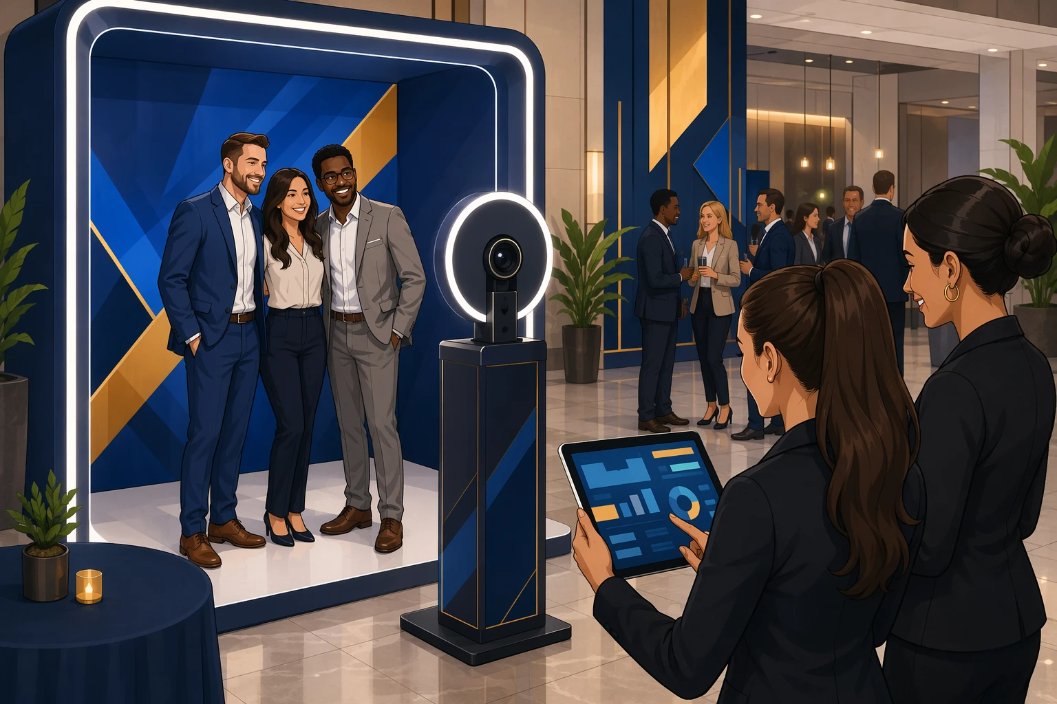 Corporate guests using branded photo booth with event staff reviewing leads