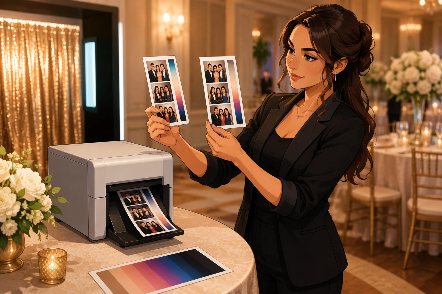 Event planner compares two photo booth prints beside dye-sub printer