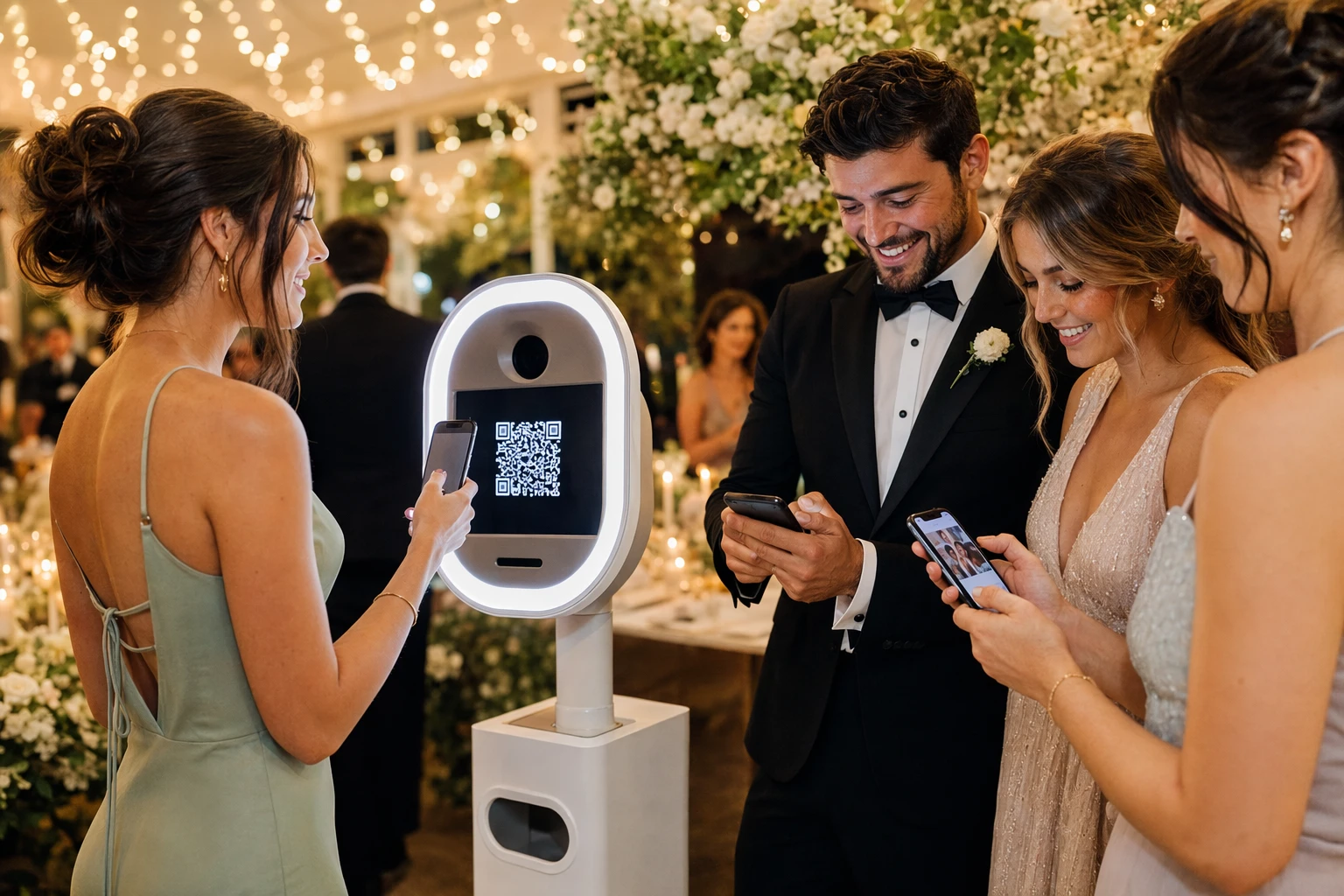 Guests scanning QR code on smartphones at wedding photo booth
