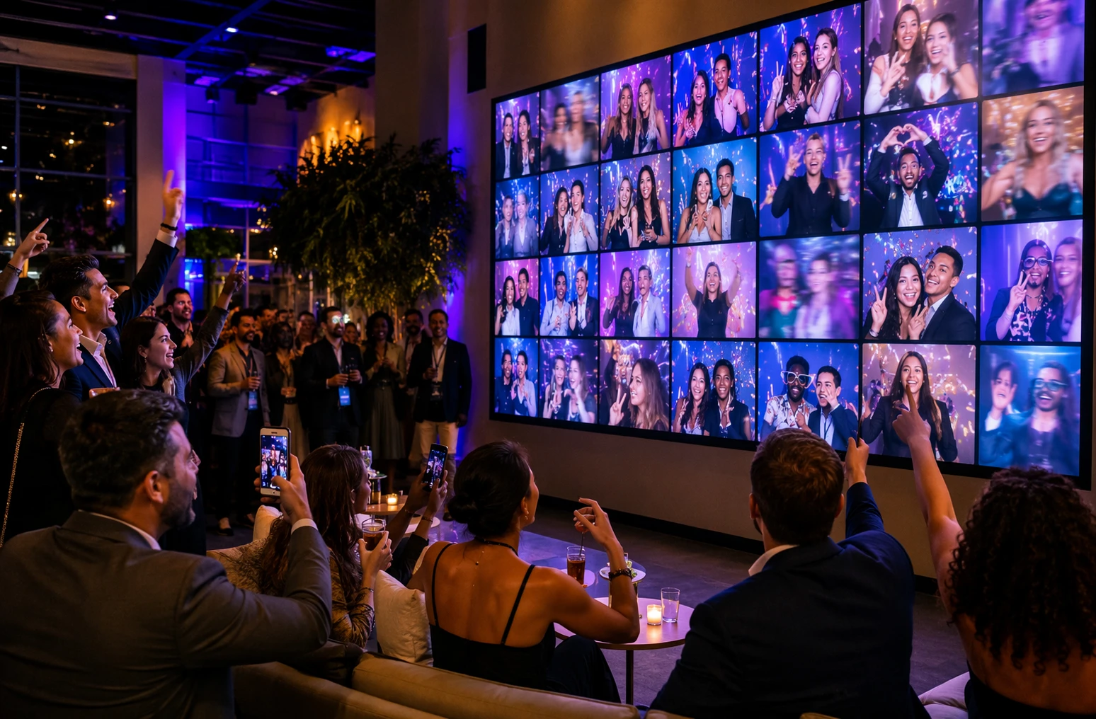 Guests cheering around social wall with looping GIFs