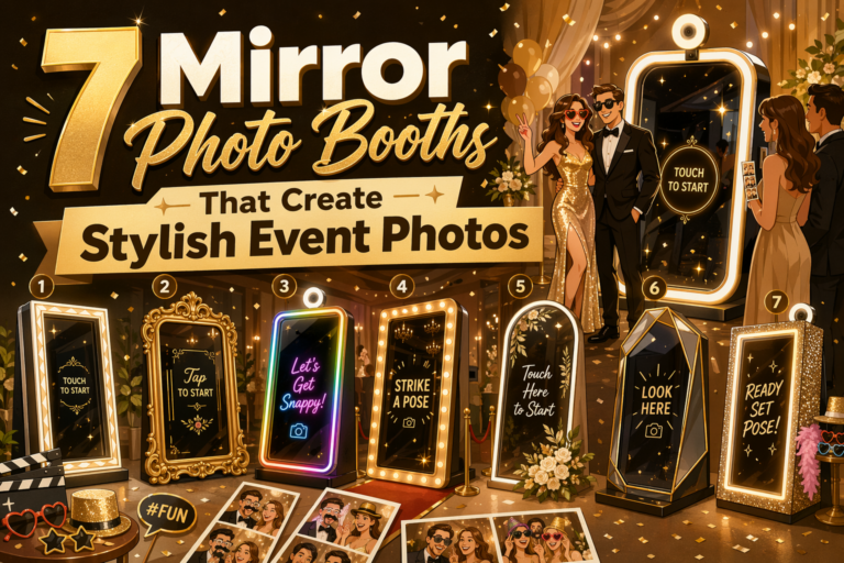 Seven stylish mirror photo booths are showcased at an elegant event, each with unique designs and lighted frames, as well-dressed guests take fun photos and pose in front of the interactive screens.