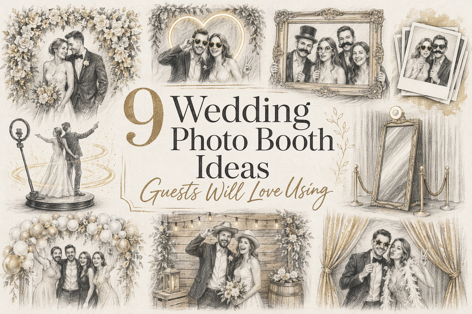 Pencil sketch collage titled “9 Wedding Photo Booth Ideas Guests Will Love Using,” featuring various photo booth setups like mirror booths, props, floral backdrops, and interactive photography stations with couples posing in elegant wedding attire.