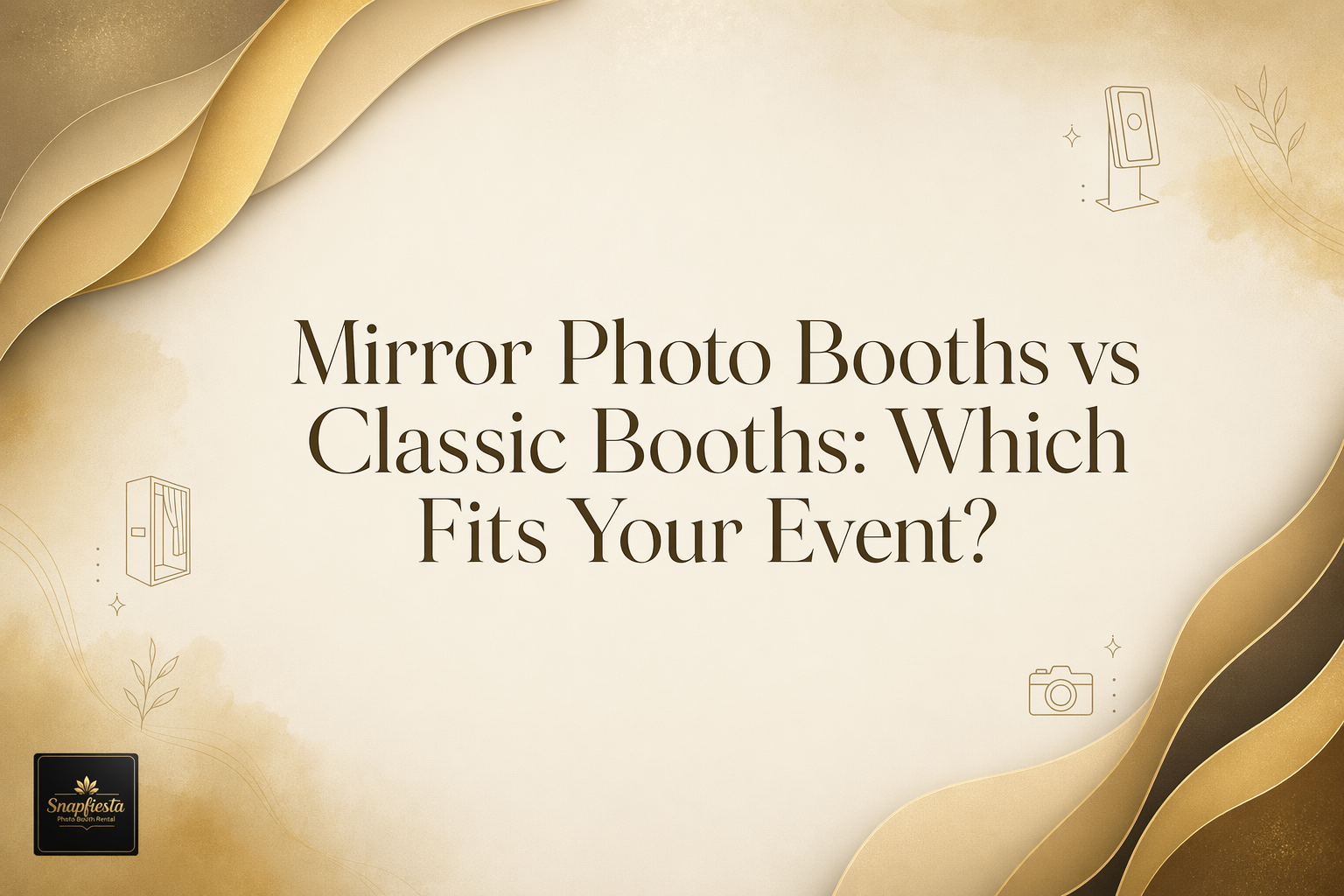 Gold and beige abstract background with text: “Mirror Photo Booths vs Classic Booths: Which Fits Your Event?” Decorative photo booth and camera icons are in the corners. Snapbooths logo is at the bottom left.