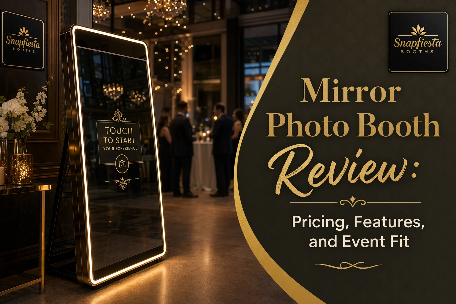 A mirror photo booth with a touchscreen stands in an elegant event venue. Several people are visible in the background. Overlay text reads, “Mirror Photo Booth Review: Pricing, Features, and Event Fit.”.