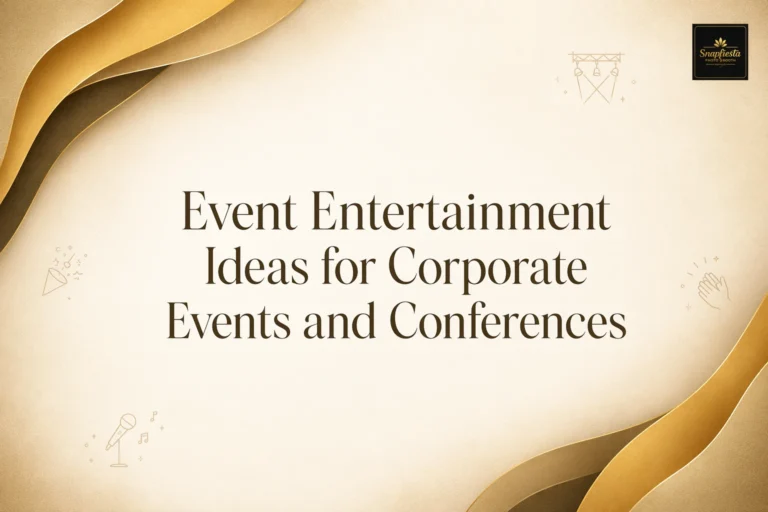 Text reads: “Event Entertainment Ideas for Corporate Events and Conferences.” Background features gold and brown wave designs and small icons of a microphone, music notes, spotlight, and clapping hands.