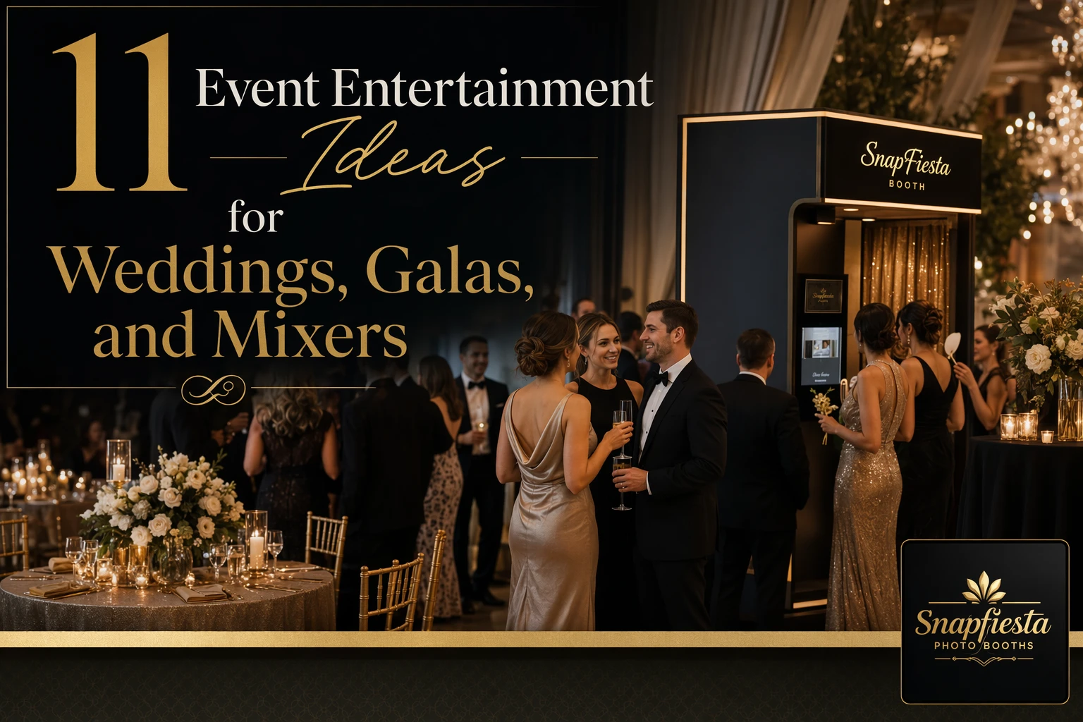 Elegant event with guests in evening wear mingling near a SnapFiesta photo booth, surrounded by floral centerpieces and candlelit tables. Text overlay: “11 Event Entertainment Ideas for Weddings, Galas, and Mixers.”.
