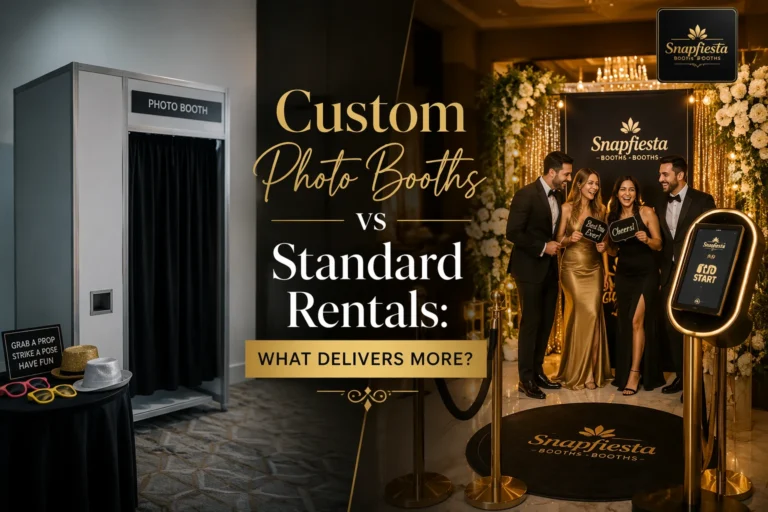 Split image: Left side shows a plain photo booth with props. Right side shows four people posing in an elegant photo booth setup with gold decor. Text reads, “Custom Photo Booths vs Standard Rentals: What Delivers More?”.