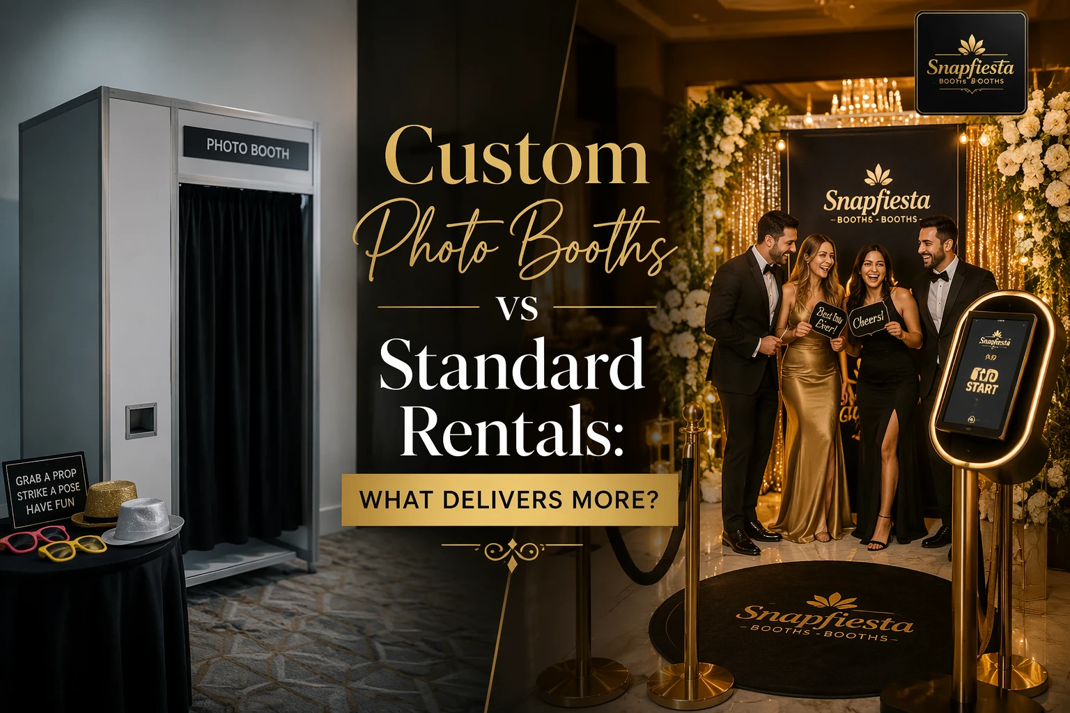 Split image: Left side shows a plain photo booth with props. Right side shows four people posing in an elegant photo booth setup with gold decor. Text reads, “Custom Photo Booths vs Standard Rentals: What Delivers More?”.