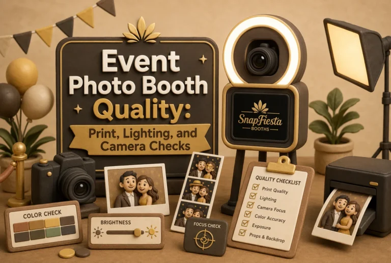 A claymation-style photo booth setup features a camera, lighting, sample photos, a quality checklist, and decorative signs emphasizing photo print, lighting, and camera checks. Warm brown and gold tones dominate the scene.