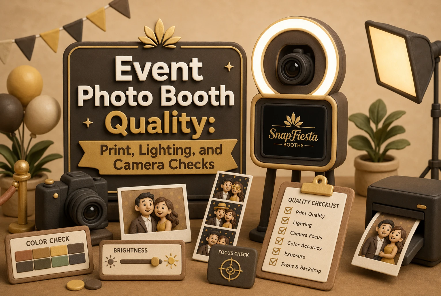 A claymation-style photo booth setup features a camera, lighting, sample photos, a quality checklist, and decorative signs emphasizing photo print, lighting, and camera checks. Warm brown and gold tones dominate the scene.