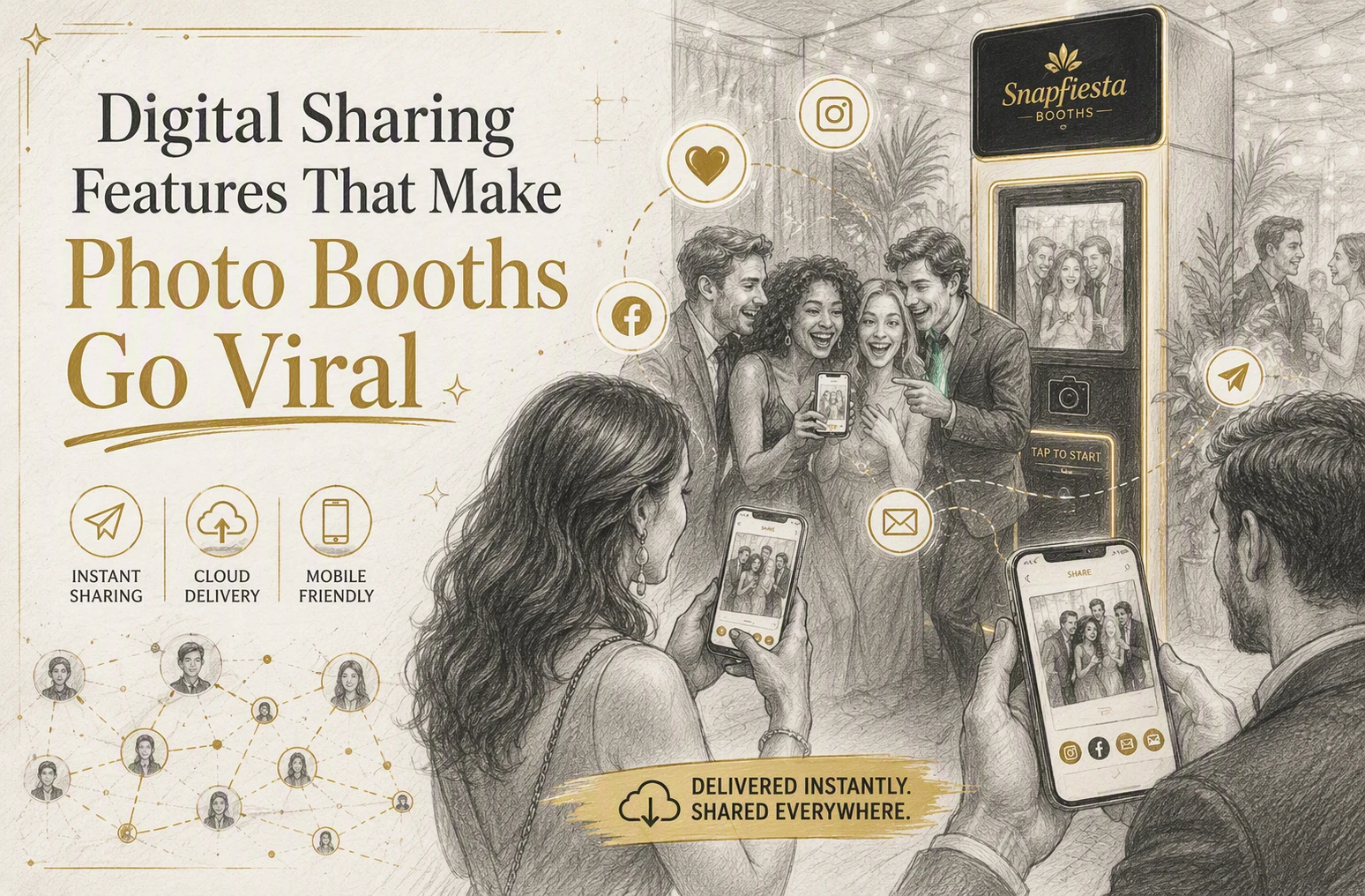 A group poses in front of a SnapFiesta photo booth as others use smartphones; icons highlight instant sharing, cloud delivery, and mobile-friendly features. Text reads: “Digital Sharing Features That Make Photo Booths Go Viral.”.