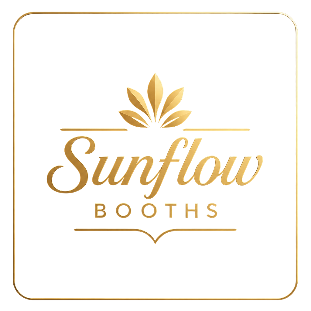 SuflowboothLogoTransparent Gold logo with the words âSunflow Boothsâ in elegant script and capital letters, topped by a stylized gold flower, all on a white background with a rounded gold border.