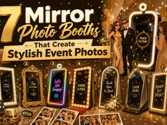 Seven stylish mirror photo booths are showcased at an elegant event, each with unique designs and lighted frames, as well-dressed guests take fun photos and pose in front of the interactive screens.