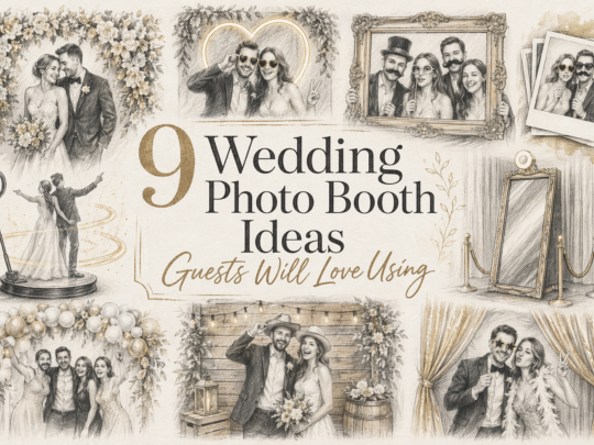 Pencil sketch collage titled “9 Wedding Photo Booth Ideas Guests Will Love Using,” featuring various photo booth setups like mirror booths, props, floral backdrops, and interactive photography stations with couples posing in elegant wedding attire.