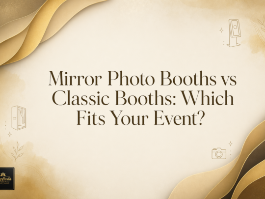 Gold and beige abstract background with text: “Mirror Photo Booths vs Classic Booths: Which Fits Your Event?” Decorative photo booth and camera icons are in the corners. Snapbooths logo is at the bottom left.