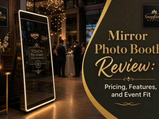 A mirror photo booth with a touchscreen stands in an elegant event venue. Several people are visible in the background. Overlay text reads, “Mirror Photo Booth Review: Pricing, Features, and Event Fit.”.