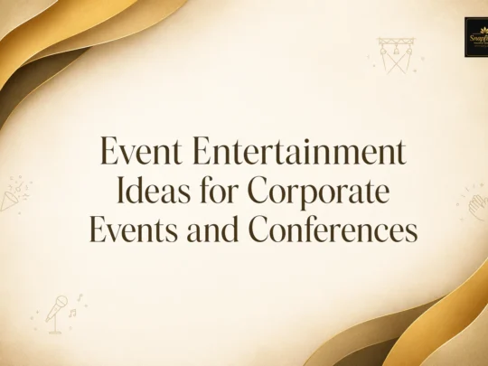 Text reads: “Event Entertainment Ideas for Corporate Events and Conferences.” Background features gold and brown wave designs and small icons of a microphone, music notes, spotlight, and clapping hands.