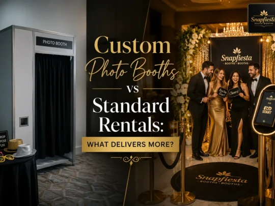 Split image: Left side shows a plain photo booth with props. Right side shows four people posing in an elegant photo booth setup with gold decor. Text reads, “Custom Photo Booths vs Standard Rentals: What Delivers More?”.