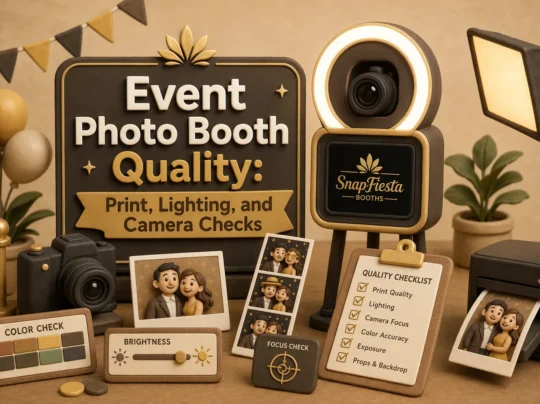A claymation-style photo booth setup features a camera, lighting, sample photos, a quality checklist, and decorative signs emphasizing photo print, lighting, and camera checks. Warm brown and gold tones dominate the scene.
