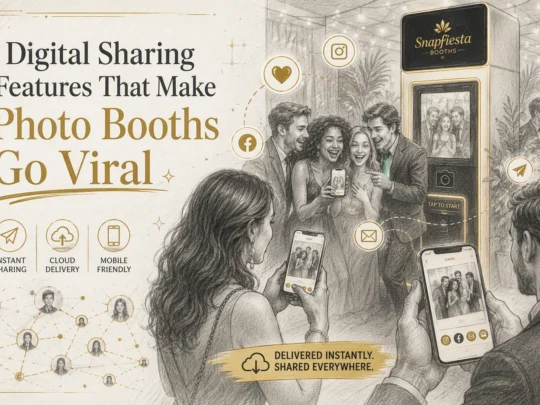 A group poses in front of a SnapFiesta photo booth as others use smartphones; icons highlight instant sharing, cloud delivery, and mobile-friendly features. Text reads: “Digital Sharing Features That Make Photo Booths Go Viral.”.
